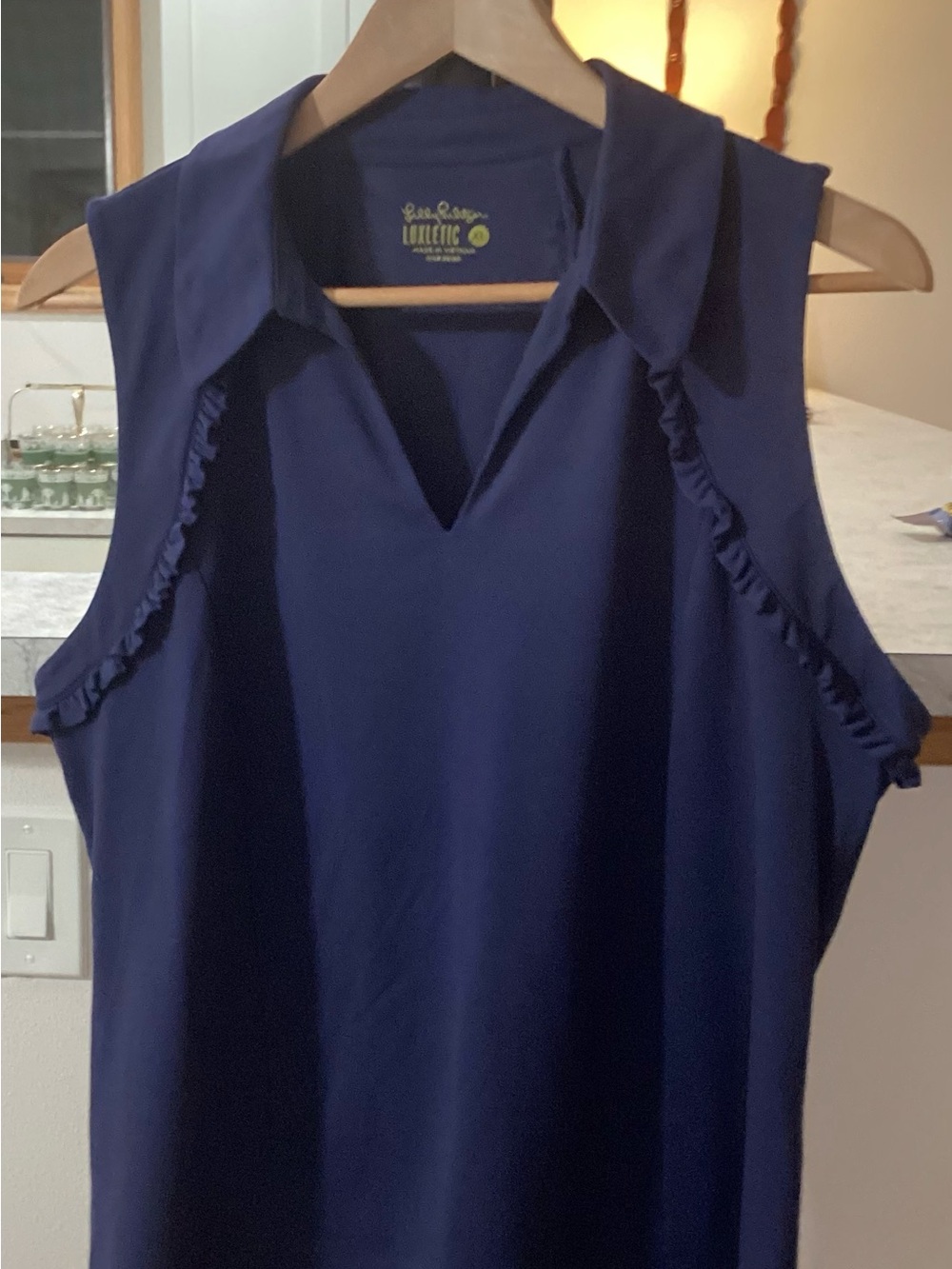 Women's Navy Sleeveless Ruffle-Trim Polo Top - Picture 4 of 9